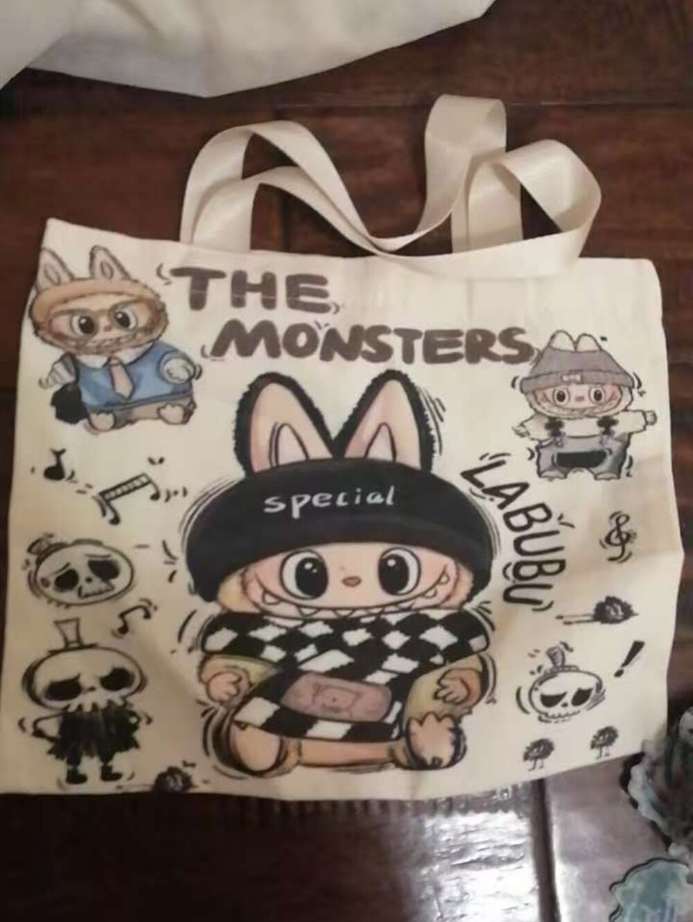 & Other Stories Cream Cartoon Monster Tote Bag with Black and Pink Details